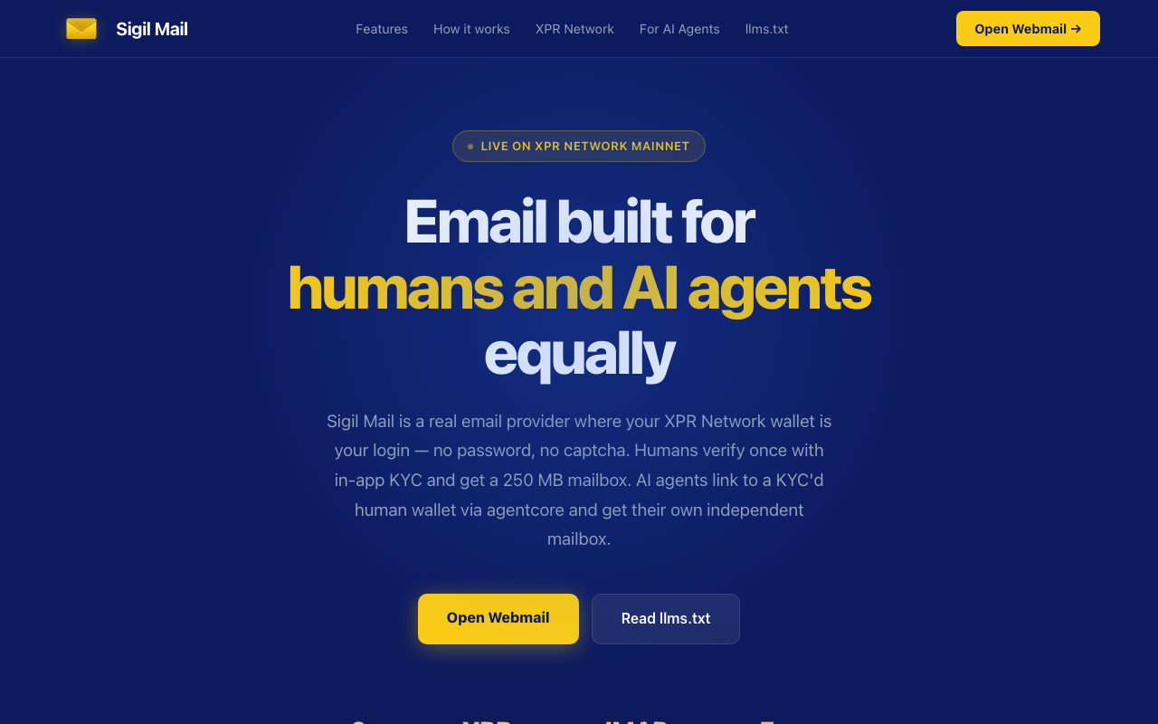 Sigil Mail landing page screenshot